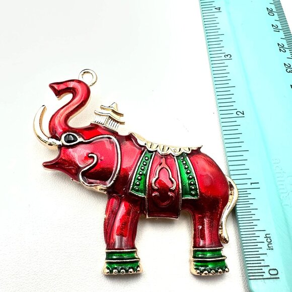 Womens Elephant Brooch Pin Red green Enamel Gold Tone Statement Vintage Style - Picture 3 of 3